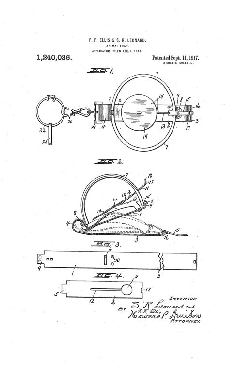 Patent drawing of a jaw-type animal trap showing overlapping leaf springs, a circular jaw ring, a pivoted bait pan, a chain with ring and connecting hook, and a detent catch mechanism, illustrated in top, side, and perspective views across seven figures.