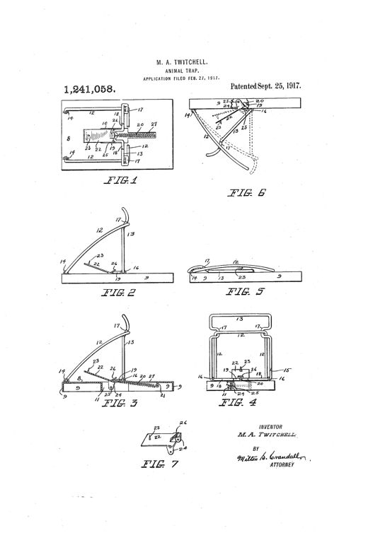 Patent drawing of a rectangular base plate animal trap with two U-shaped wire jaws pivoted at opposite ends, a bait-holding trigger plate in the middle, and a coiled retracting spring connecting a crank arm to the base, shown in plan, side, and sectional views.