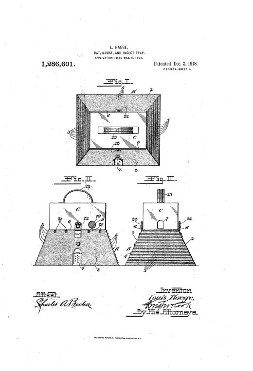 Patent drawing of a boxy metal rat and insect trap with flaring, ribbed outer walls, a carrying handle on top, a rotating bait spool visible through a cutaway, and hinged trap doors leading to a lower imprisoning compartment.