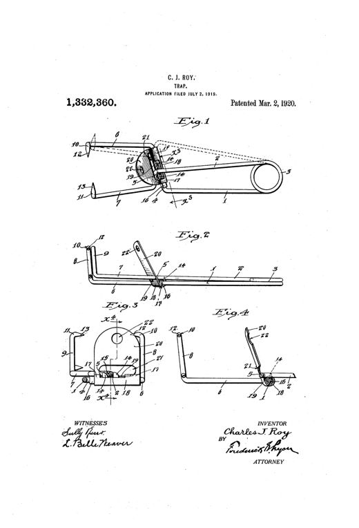 Patent drawing of a gopher trap with two crossing spring-steel arms bent into jaws with sharp points, joined by a coiled spring at the rear, and a semicircular trigger plate with a light-admitting hole mounted on the cross bar to release the jaws.