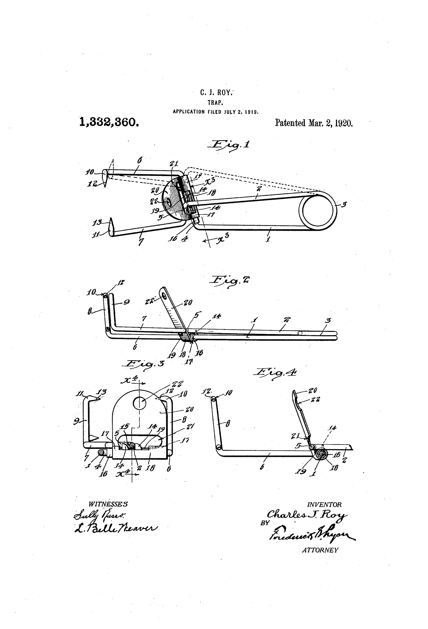 Patent drawing of a gopher trap with two crossing spring-steel arms bent into jaws with sharp points, joined by a coiled spring at the rear, and a semicircular trigger plate with a light-admitting hole mounted on the cross bar to release the jaws.