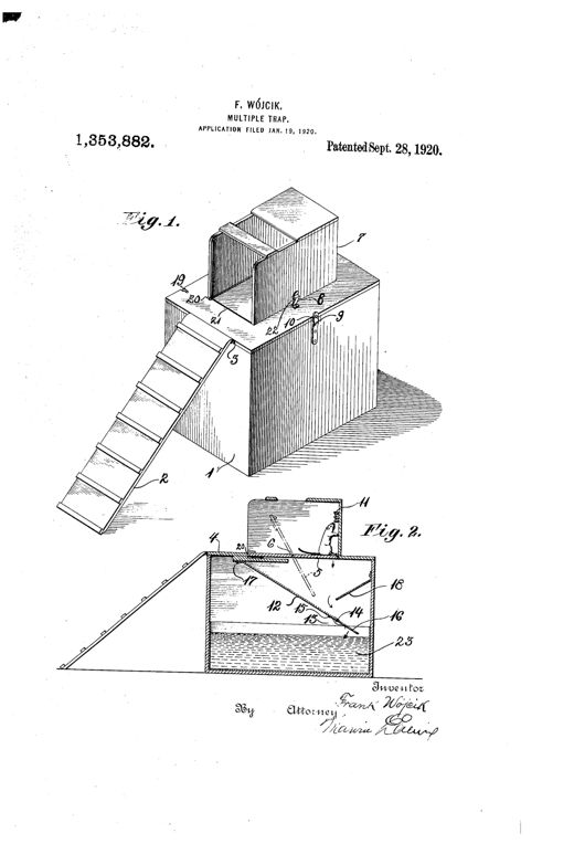 Patent drawing of a wooden box trap with an external ladder leading to a small house-like enclosure on top, and a cutaway view showing internal inclined chutes and a water reservoir at the base for drowning captured rodents.