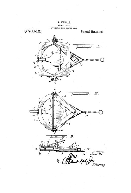 Patent drawing of an animal leghold trap showing an arcuate base with converging arms, two curved jaws hinged at pivot points, overlying leaf springs, a central circular trip pan with catch mechanism, and an attached chain with ring for anchoring, shown in set and tripped plan views plus a side elevation.