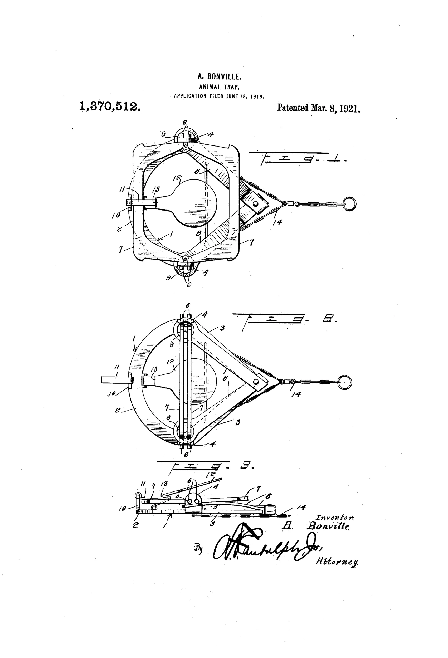 Patent drawing of an animal leghold trap showing an arcuate base with converging arms, two curved jaws hinged at pivot points, overlying leaf springs, a central circular trip pan with catch mechanism, and an attached chain with ring for anchoring, shown in set and tripped plan views plus a side elevation.