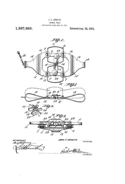Patent drawing of a double-ended steel animal trap with two pairs of U-shaped jaws, coil springs, a central standard with pivoting latches and bait-platform triggers, and an anchoring chain, shown in plan, side, sectional, and perspective views.