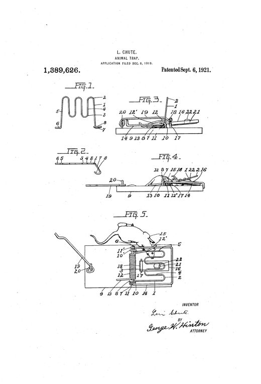Patent drawing showing a bent-wire grid shield (Figs. 1-2) that attaches via hinges and a crank to a conventional snap-style animal trap, illustrated set (Fig. 3) and sprung with a rat caught between the jaw and body (Figs. 4-5).