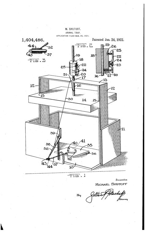 Patent drawing of a wooden box trap with two guide posts supporting a sliding weighted plate above an open cage, connected by cords and a pointed trigger bar to a hinged bait pan at the bottom, with a detail inset showing the adjustable weighted sleeve and notch-engaging latch.