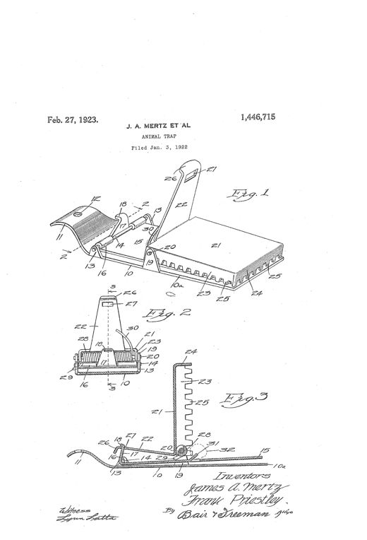 Patent drawing of a metal animal trap showing a flat toothed jaw plate, a hinged upright handle with a curved end and coil spring, and a trigger plate mechanism, illustrated in perspective, cross-section, and side profile views.