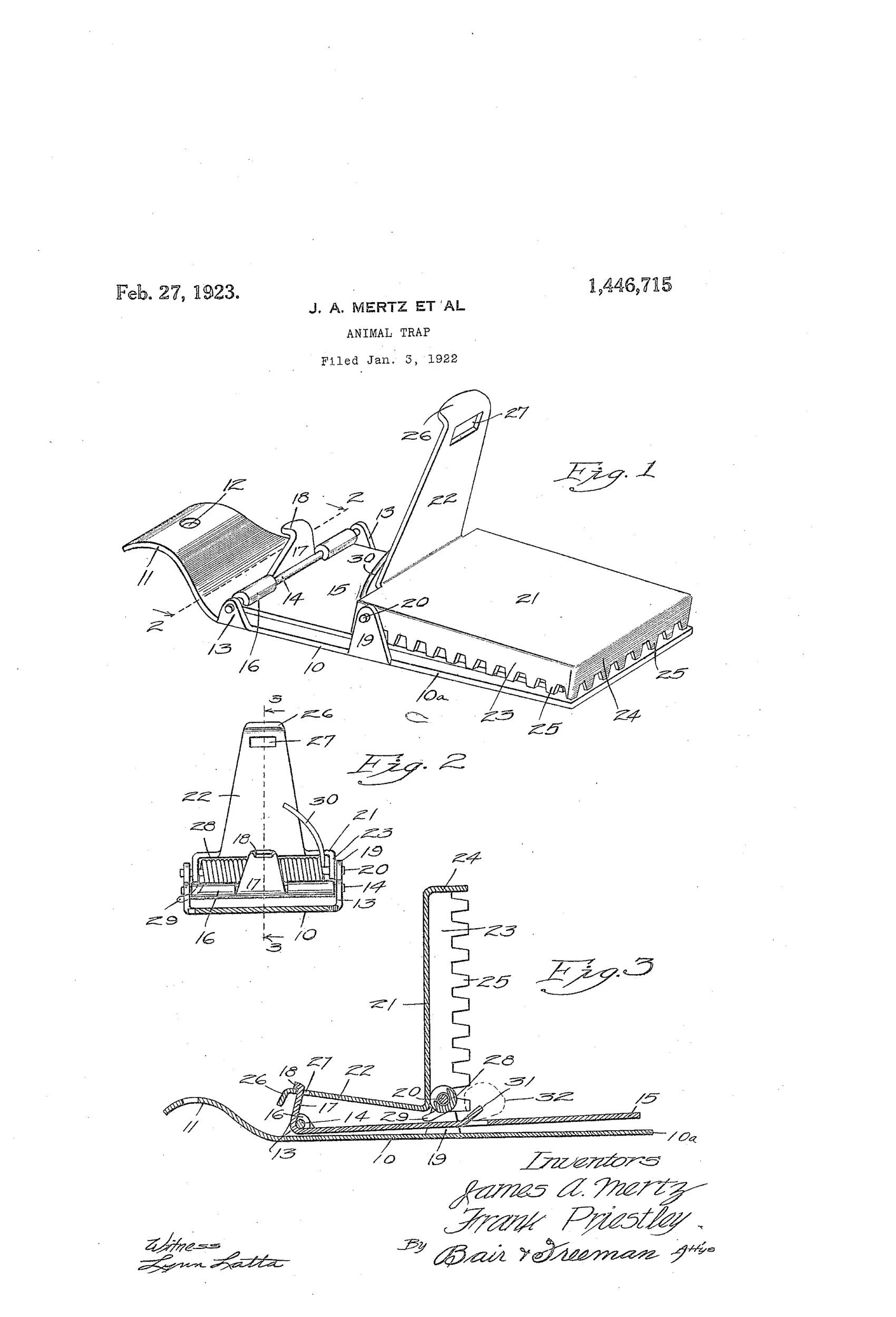 Patent drawing of a metal animal trap showing a flat toothed jaw plate, a hinged upright handle with a curved end and coil spring, and a trigger plate mechanism, illustrated in perspective, cross-section, and side profile views.