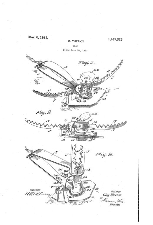 Line drawing of an antique steel trap with two long serrated arcuate jaws mounted on a central post over a hexagonal base plate, connected to a bent bow-spring and a baited trigger latch mechanism, shown set in Fig. 1 and 2 and sprung shut in Fig. 3.