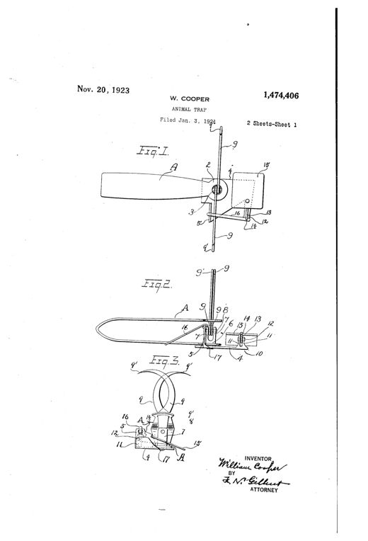 Technical patent drawing showing a spring-loaded animal trap with a bow-shaped spring, curved hooked jaws, and a pivoting trigger and trip plate mechanism mounted on a base plate.