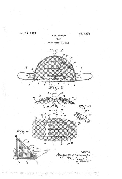 Patent drawing of a large dome-shaped net trap showing curved bands, U-shaped springs, hinged jaws, netting panels, and a detail of the bait-plate catch mechanism and folding curtain hardware.