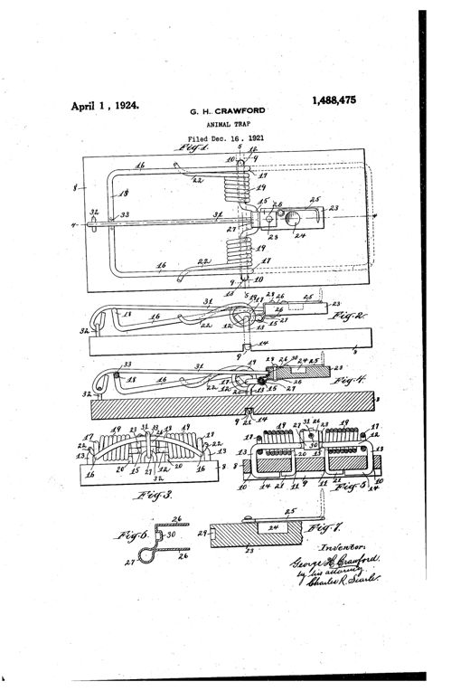 Patent drawing of a rectangular wooden-base rat trap showing a wire loop striker hinged at a central bridge, flanked by coiled torsional springs, with a wooden trigger and bait hook mechanism at one end, plus detail cross-sections of the trigger and spring assembly.