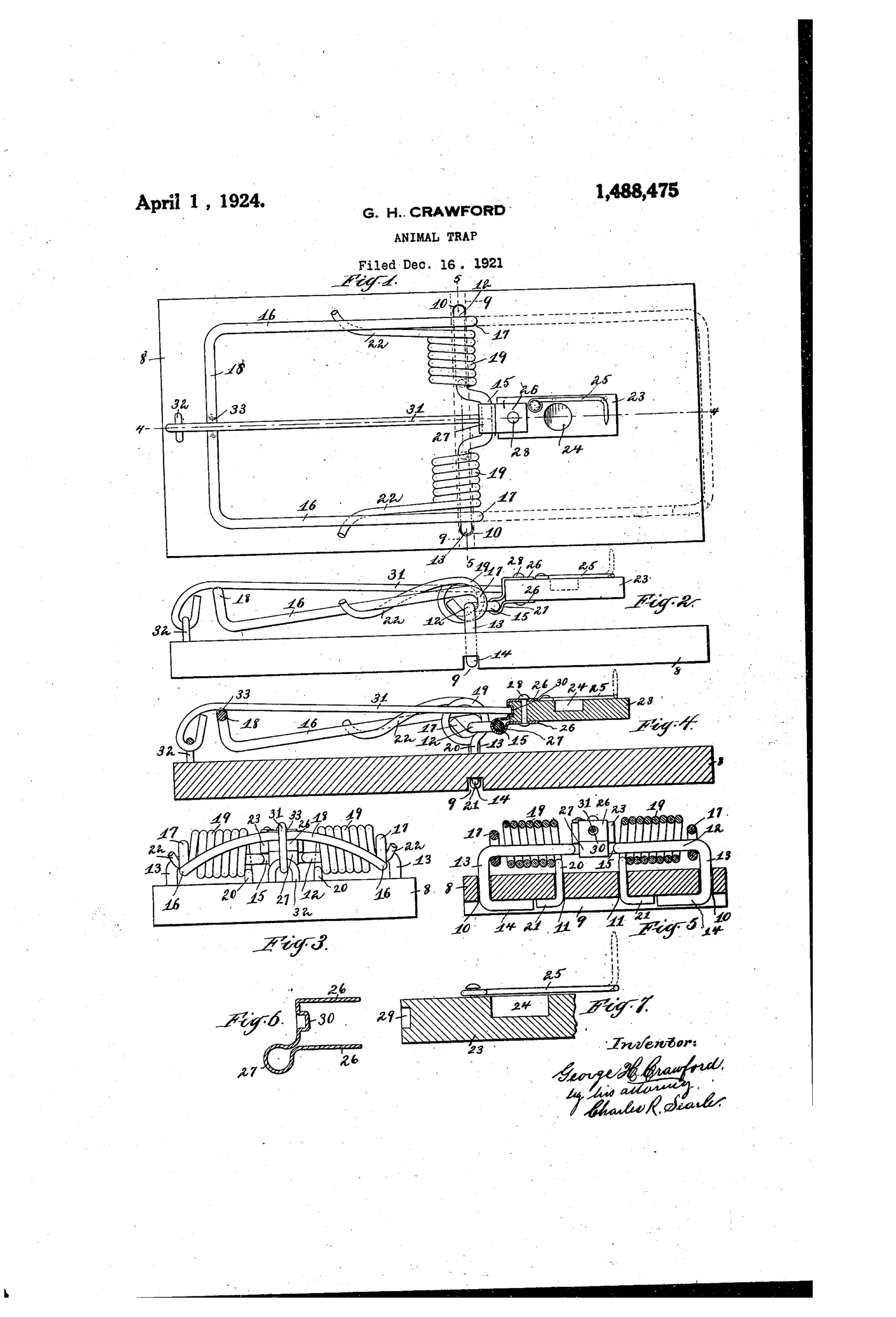Patent drawing of a rectangular wooden-base rat trap showing a wire loop striker hinged at a central bridge, flanked by coiled torsional springs, with a wooden trigger and bait hook mechanism at one end, plus detail cross-sections of the trigger and spring assembly.