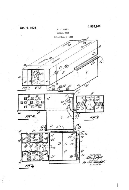 Exploded perspective and sectional drawings of a rectangular sheet-metal animal trap showing an entrance chamber with spring-loaded toothed walls, a central bait passage, hinged trap doors at the bottom, and a rear door fitted with a mirror, all labeled with numbered reference parts.