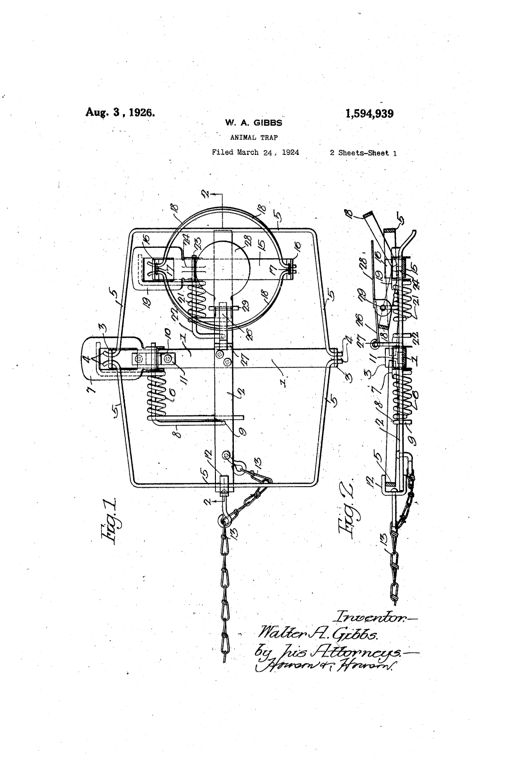 Patent drawing of a compound animal trap showing a rectangular base with two overlapping pairs of curved spring-loaded jaws, a treadle mechanism, and a chain with attachment ring at the bottom.
