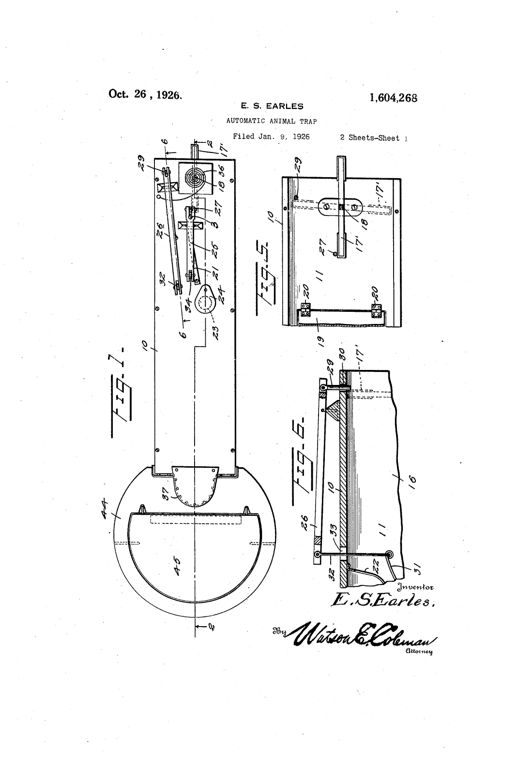 Patent drawing of an elongated rectangular animal trap casing divided into two compartments by a partition, showing a pivoted swinging door, a spring-loaded treadle platform, a slanted one-way grating passageway, control levers and springs on top of the casing, and a rear storage compartment with a self-restoring cover platform.
