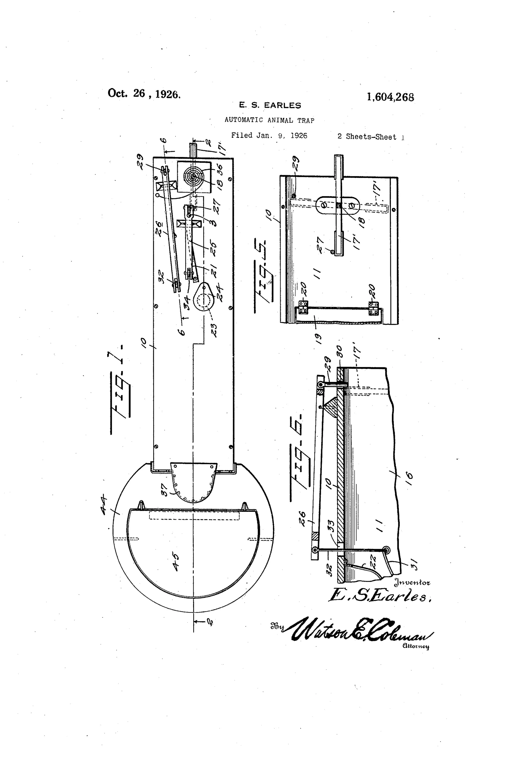 Patent drawing of an elongated rectangular animal trap casing divided into two compartments by a partition, showing a pivoted swinging door, a spring-loaded treadle platform, a slanted one-way grating passageway, control levers and springs on top of the casing, and a rear storage compartment with a self-restoring cover platform.