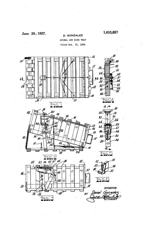 Patent drawing sheet showing a rectangular wooden slatted cage trap with hinged top, a bait container box on one end, and detailed mechanical views of the spring-loaded latch, catch, and locking hooks that hold the cage open and snap it shut.