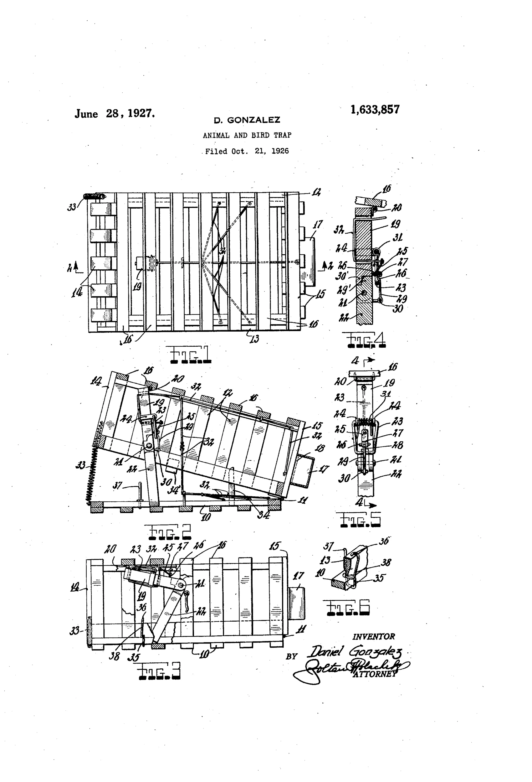 Patent drawing sheet showing a rectangular wooden slatted cage trap with hinged top, a bait container box on one end, and detailed mechanical views of the spring-loaded latch, catch, and locking hooks that hold the cage open and snap it shut.