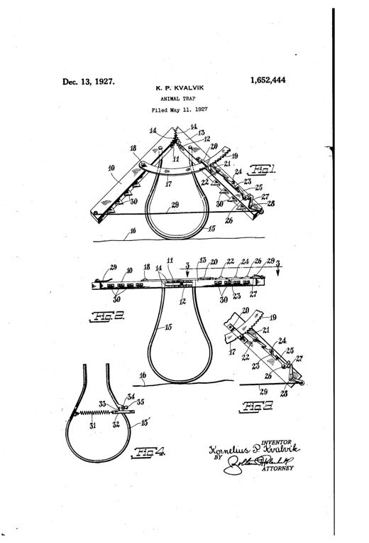 Line drawing of an A-frame animal trap with two long serrated arms pivoted at the top, a U-shaped spring looping below between them, a cascading set of numbered catch levers along one arm, and a trip string stretched across the front; inset figures show a front view, an enlarged catch-lever detail, and a modified spring with an adjustable rack and wedge.