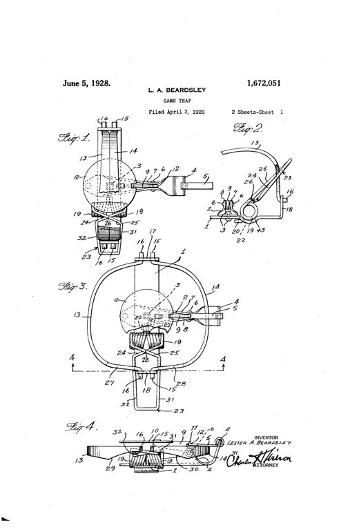 Patent drawing showing a jaw-style game trap with a circular pan, pivoted spring-loaded jaws at top and bottom, and a coiled wire spring mechanism anchored to a flat base plate, shown in both set and unset positions across multiple figures.