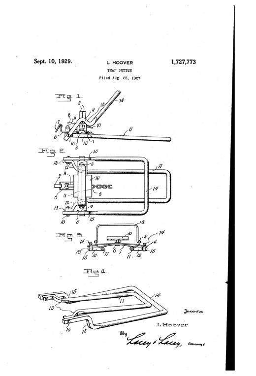 Patent drawing showing a two-part U-shaped metal trap setter with pivoted levers, offset arms, and a trap with jaws, spring, and trigger mechanism attached.