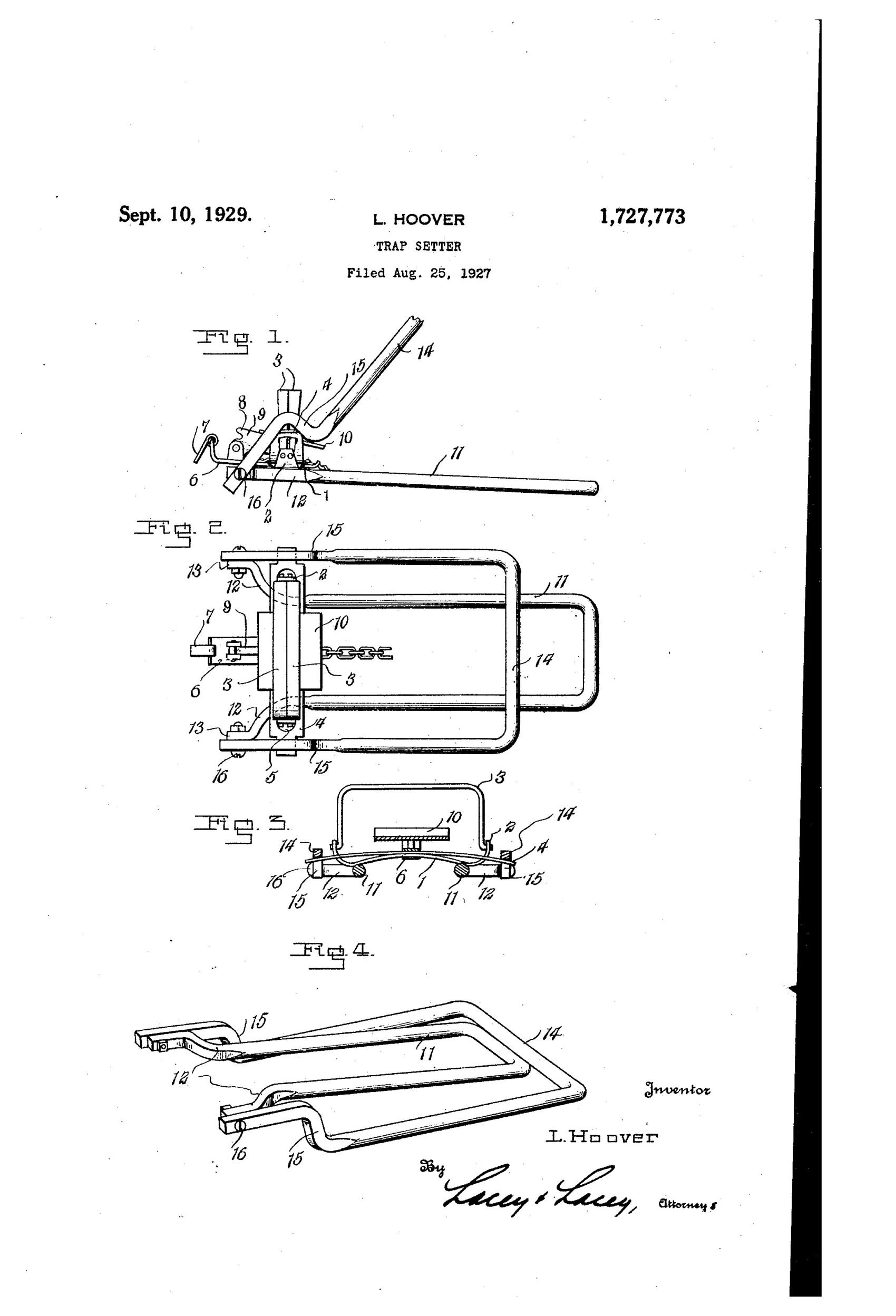 Patent drawing showing a two-part U-shaped metal trap setter with pivoted levers, offset arms, and a trap with jaws, spring, and trigger mechanism attached.