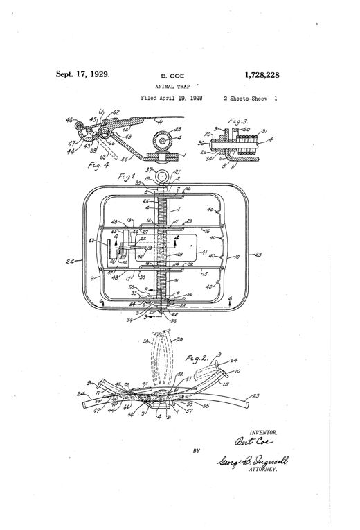 Patent drawing of an oval-framed animal trap with two hinged toothed jaws on a central shaft, a treadle and trigger mechanism inside the jaw area, and adjustable curved supporting arms allowing the trap to be mounted vertically or inverted, as shown in multiple sectional and perspective figures.