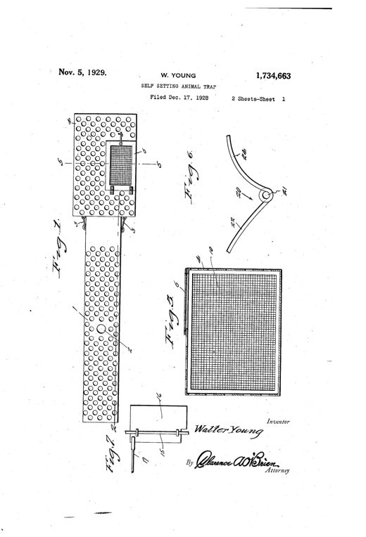 Patent drawing of an elongated perforated metal box trap with a hinged screened door at one end, an internal tilting platform and trigger arm, a rear resetting treadle, and a V-shaped wire linkage connecting the treadle to the door and platform mechanism.