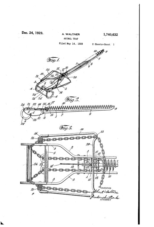 Patent drawing of a wire-frame animal trap showing a long lever bar, a helical spring, a yoke with chains for throwing a chain loop over an animal's neck, and a bait hook mechanism with locking U-shaped support.