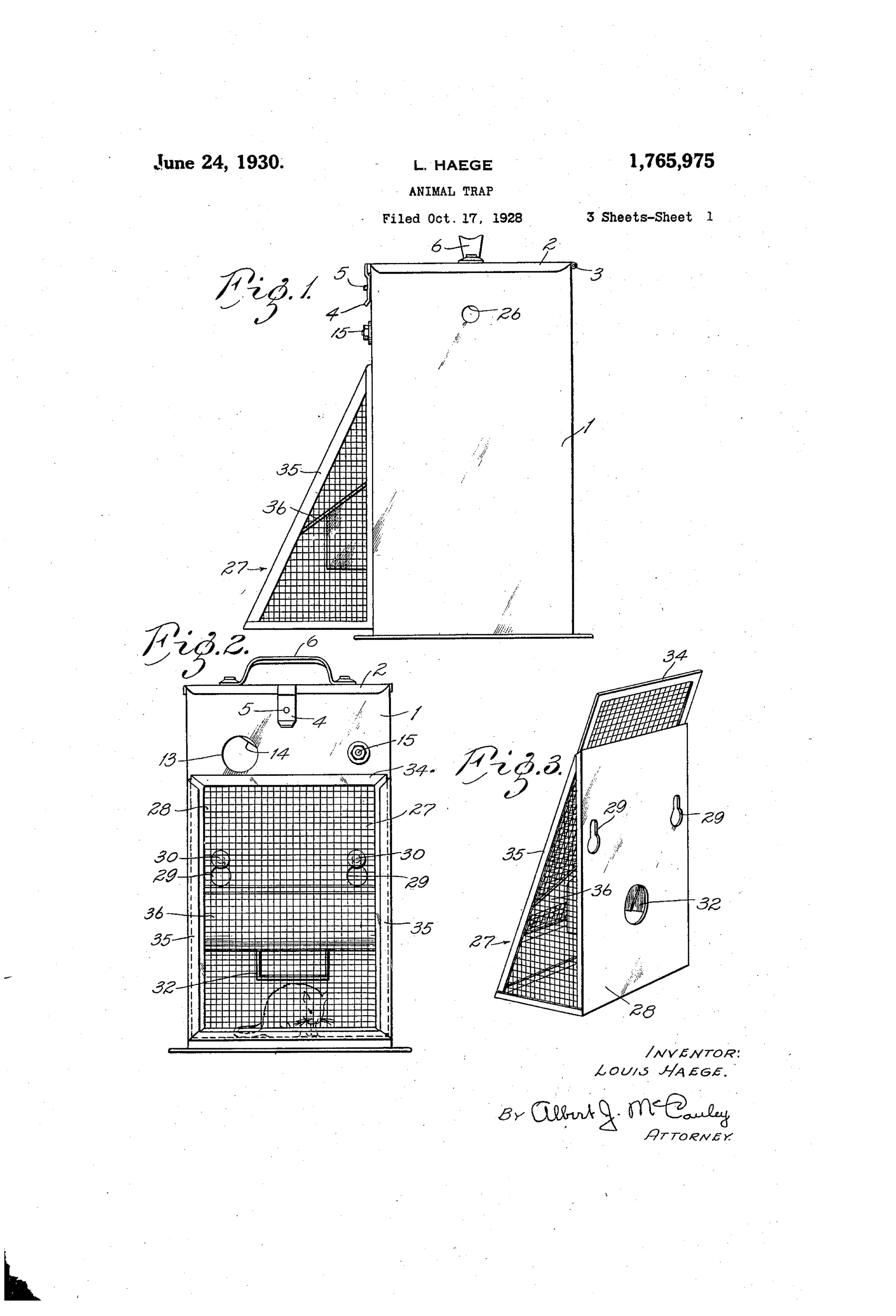 A rectangular metal box trap with a hinged lid and side handle, attached at an angle to a wire-screened cage that serves as a ramp and holding pen, with numbered internal parts showing a pivoted trap door, trigger lever, bait platform and one-way inlet door.
