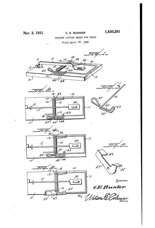 Patent drawing showing a wooden-based snap trap with a rectangular wire striker frame, coiled spring, latch and bait pedal, plus detail views of a bent-wire lifting arm and an alternate bent-metal lifter used to raise the striker off a caught animal.