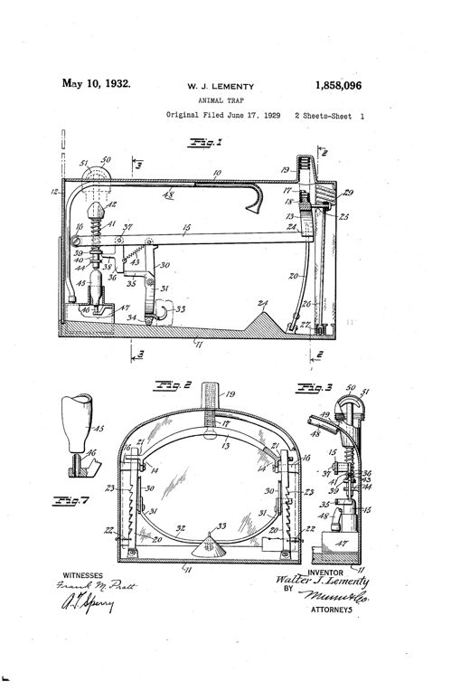 Cutaway side-view patent drawing of a rounded-top animal trap body showing an internal spring-loaded yoke, bait hook, gas cartridge, plunger, and gas delivery tube positioned to release gas over an animal's head, with additional cross-section and detail views of the locking arms and cartridge assembly.