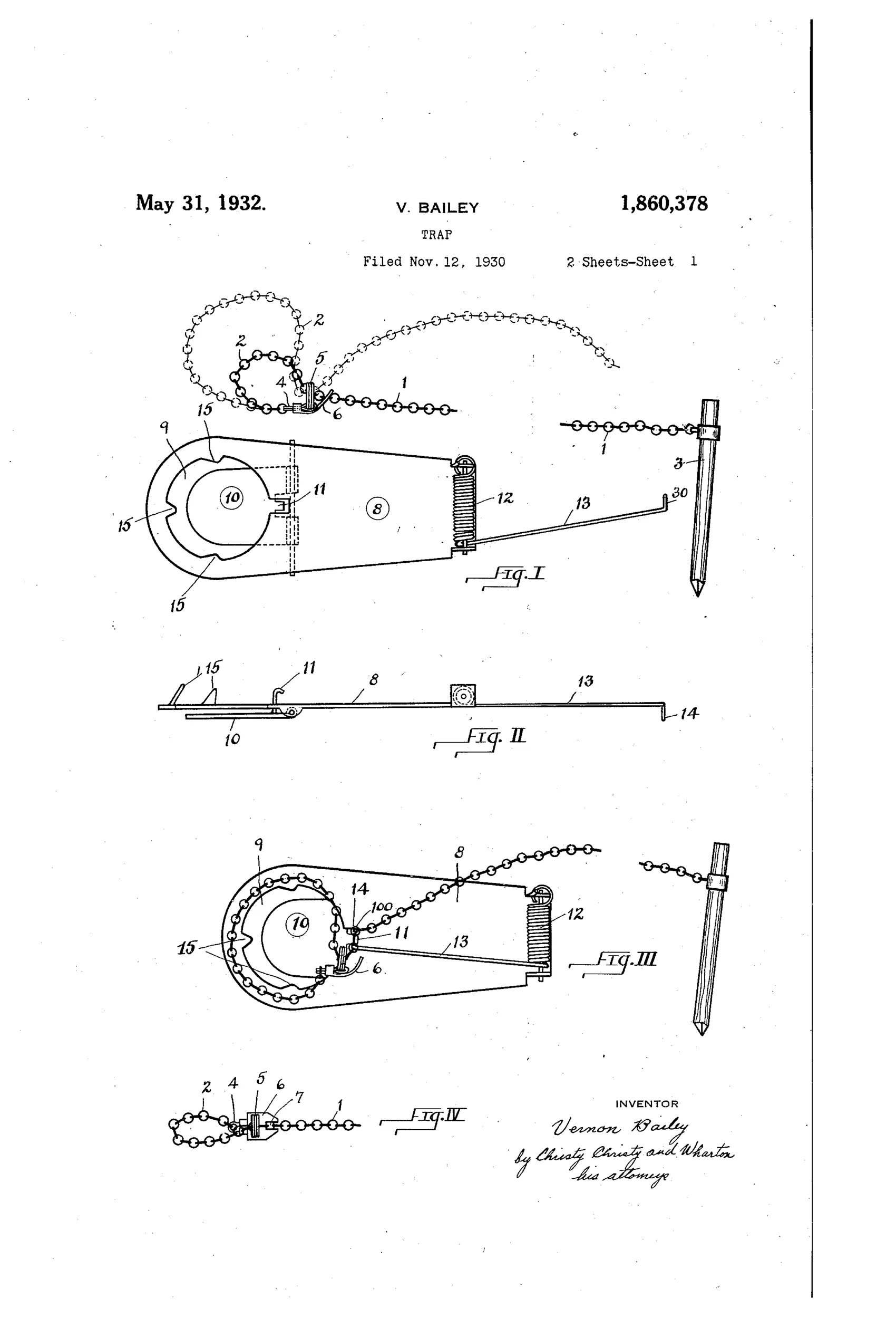 Patent drawing of a leg-hold noose trap showing a hinged treadle pan connected to a coiled spring wire arm that throws a chain noose upward, with a ground stake and detailed views of the chain's locking terminal link.