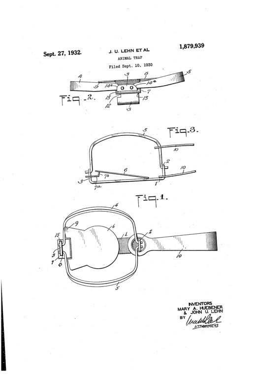 Patent drawing showing a metal animal trap with a rectangular wire base, two upturned pivoted jaws, a bait pan with a single tongue extension, and a coiled spring bail, illustrated in plan, end, and enlarged closed-position views.