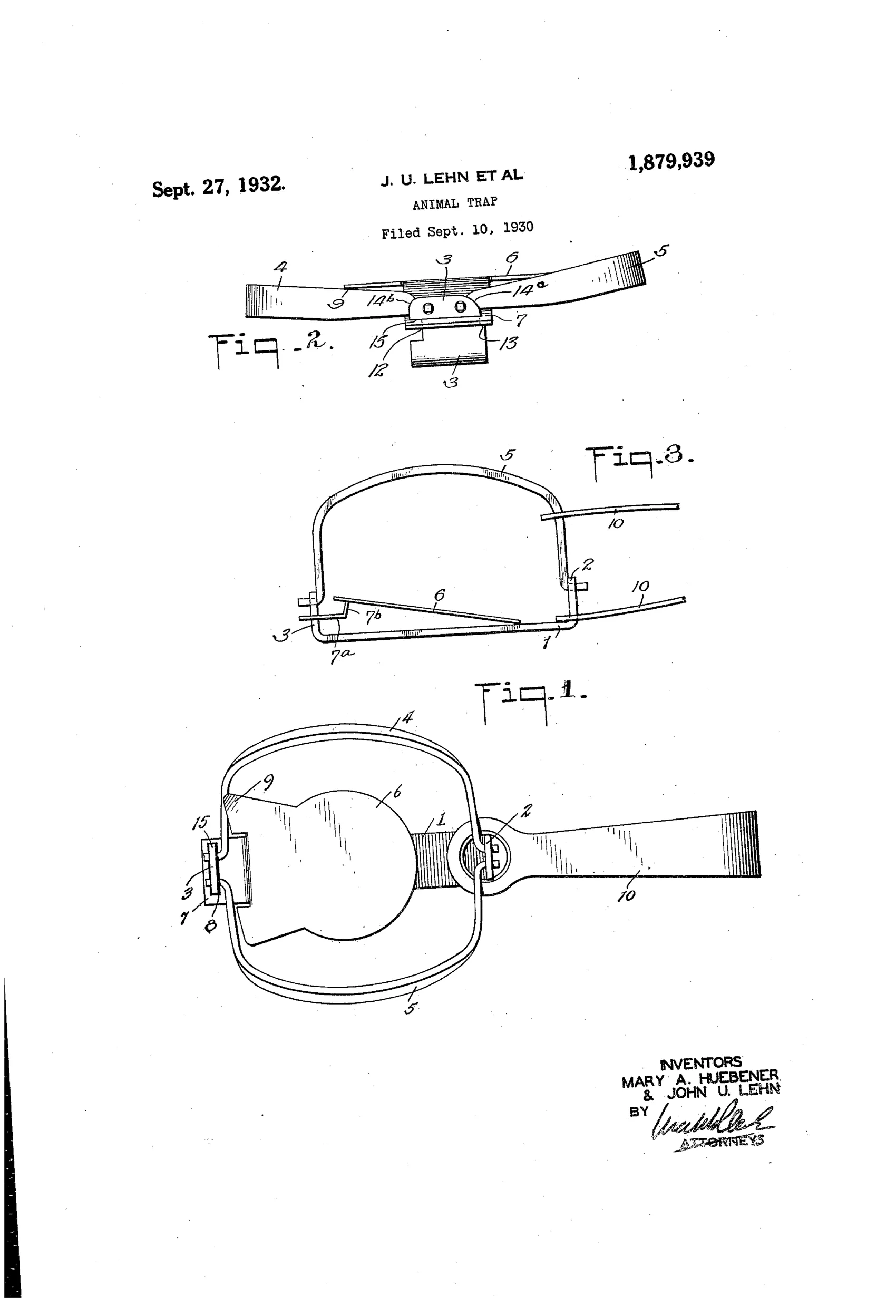 Patent drawing showing a metal animal trap with a rectangular wire base, two upturned pivoted jaws, a bait pan with a single tongue extension, and a coiled spring bail, illustrated in plan, end, and enlarged closed-position views.