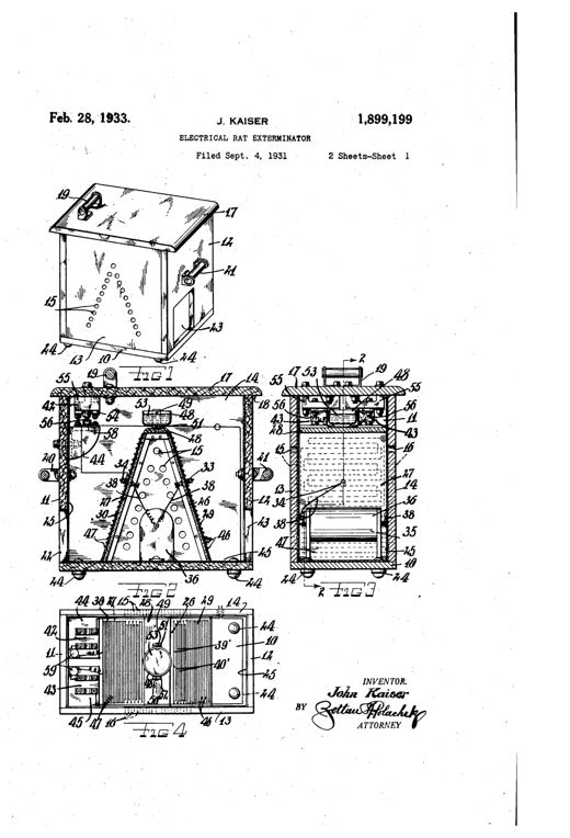 An angled line drawing of a wooden hinged-top box with a slanted lid, side handles, small entry holes arranged in triangular patterns, and internal cutaway views showing two angled electrified wire grids leading up to a pivoted oil bait cup.