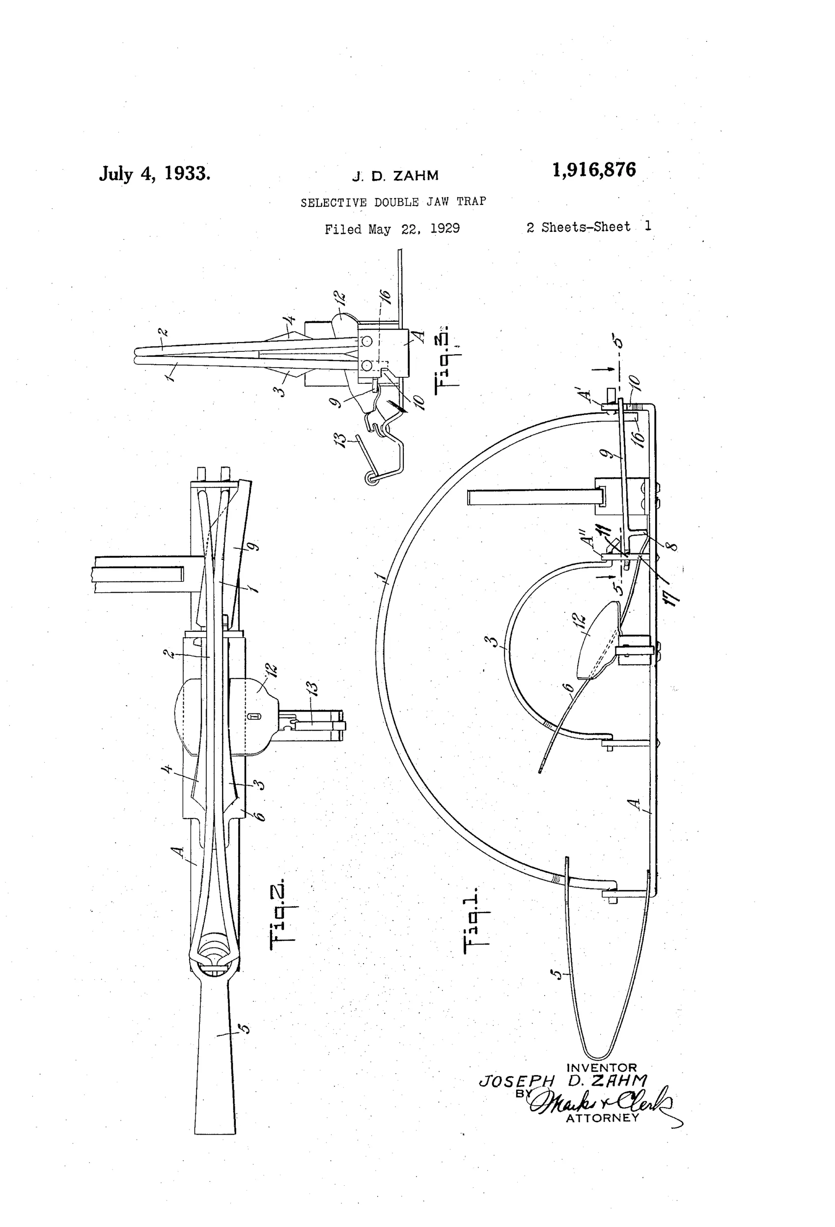 Patent drawing of a double-jaw animal trap showing large outer bow-spring jaws surrounding smaller inner jaws with a platform trigger and tension lever mechanism, plus detail views of the notch and catch assembly.