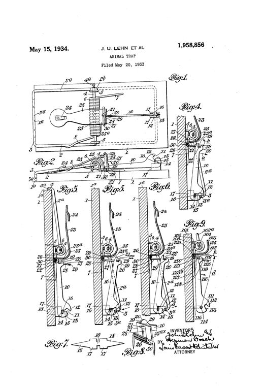 Patent drawing sheet showing nine figures of a wooden mouse trap base with a wire jaw, coiled spring, pivoted locking bar, and bait pedal in various set and released positions.