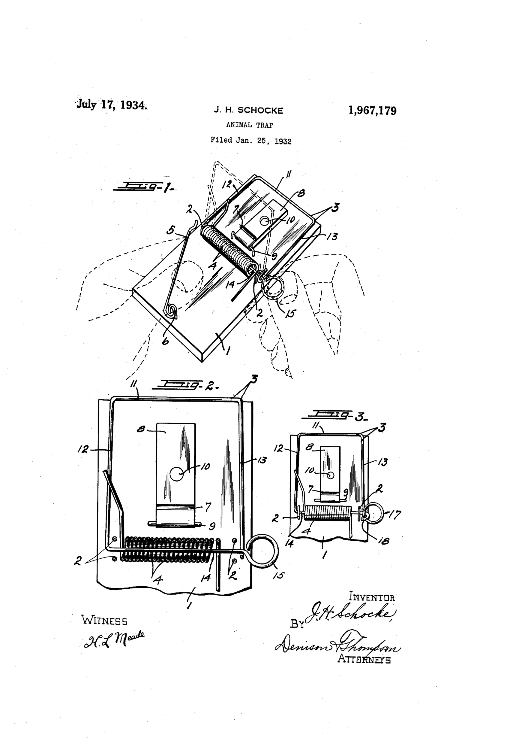 Patent drawing of a rectangular wire mouse trap with a U-shaped swinging jaw, coiled spring, bait trigger plate, and a bent-wire handle for resetting the jaw, shown in three views labeled Fig. 1, Fig. 2, and Fig. 3.