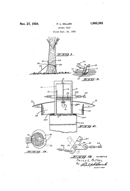Patent drawing showing a spring-loaded rectangular trap frame strapped vertically to a tree trunk with angled wing guards, a hinged bait hook trigger, a downward runway, and a chain tightening lever mechanism.