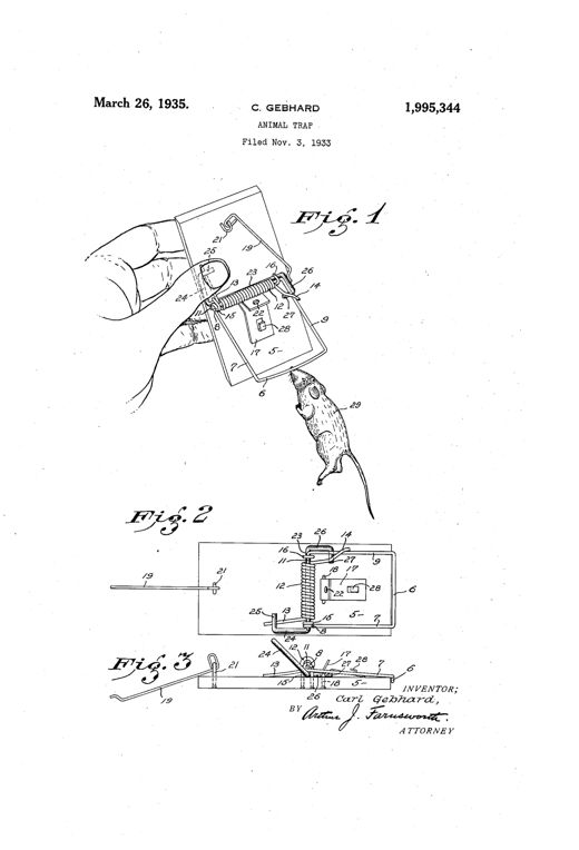 Patent drawing of a mouse trap held in a hand, showing a wire bail, torsion spring, trigger, and a thumb-operated release lever lifting a caught mouse away from the base, with additional plan and side views of the mechanism below.