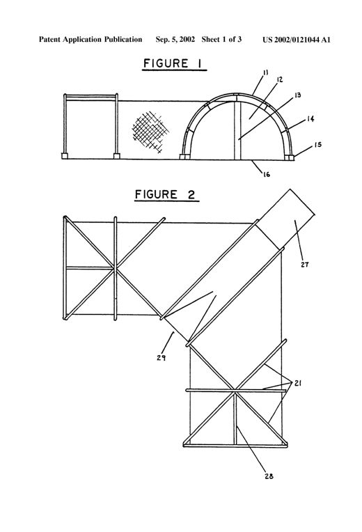 Line drawing of an L-shaped tent-like animal trap made of criss-crossed support poles holding up mesh netting, with an inverted-U catch box section and labeled entrance and support components.