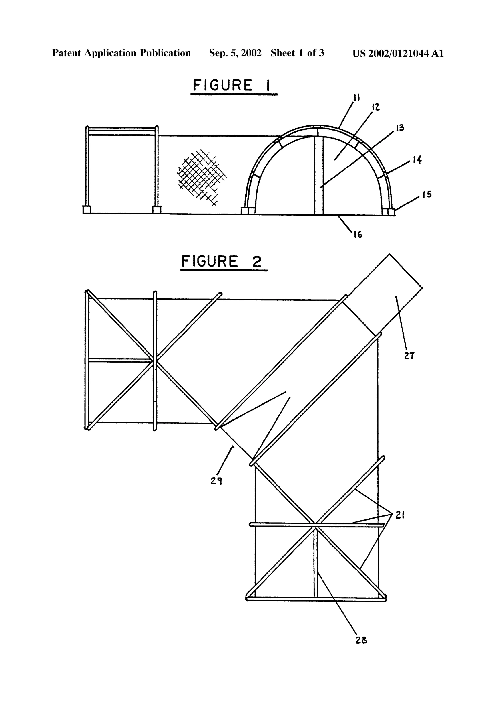 Line drawing of an L-shaped tent-like animal trap made of criss-crossed support poles holding up mesh netting, with an inverted-U catch box section and labeled entrance and support components.