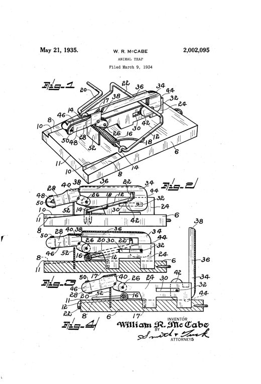 Exploded and sectional patent drawings of a wooden-based rodent trap showing a spring-loaded wire bail, a pivoting bait carrier, and an L-shaped sliding latch used to safely set the trap.