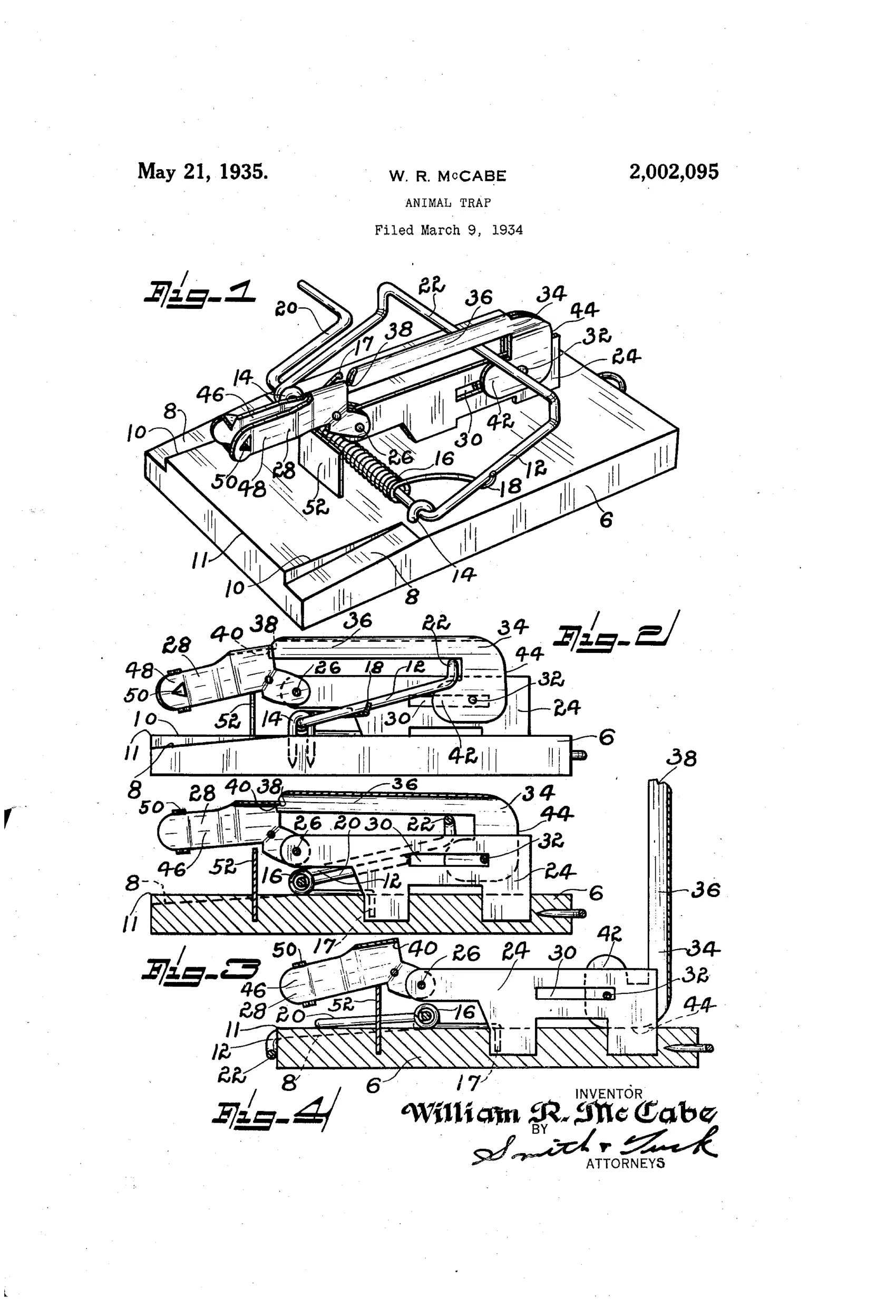 Exploded and sectional patent drawings of a wooden-based rodent trap showing a spring-loaded wire bail, a pivoting bait carrier, and an L-shaped sliding latch used to safely set the trap.