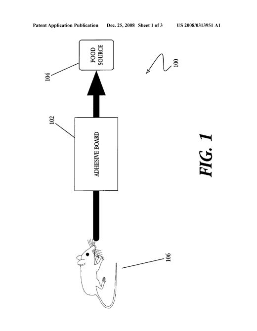 A line drawing shows a mouse (106) approaching a rectangular block labeled 'ADHESIVE BOARD' (102), with a bold arrow pointing onward to a rounded box labeled 'FOOD SOURCE' (104), illustrating the rodent's travel path across the glue trap toward its food.