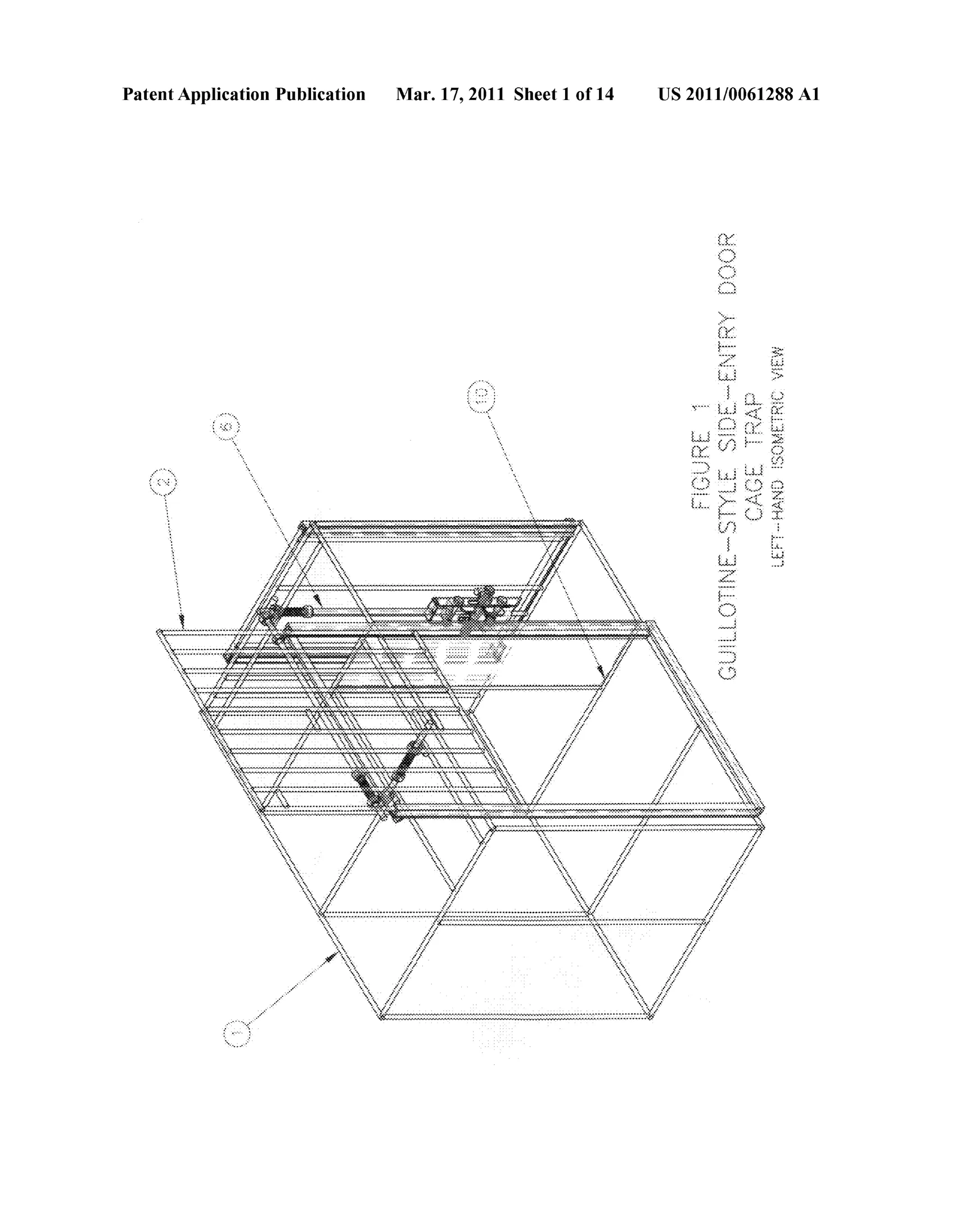 An isometric line drawing of a rectangular wire-frame cage trap with a guillotine-style sliding door on one side, showing a spring-loaded latch and support mechanism mounted at the top corner along with connecting release rods leading toward a bait pedal.