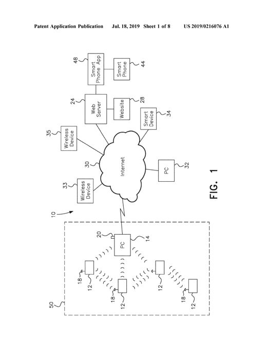 A schematic labeled FIG. 1 shows a dashed enclosure containing four boxy electronic rodent traps (12), each with a small antenna (18), sending wireless signal arcs to a central PC/base station (14) fitted with its own antenna (20); the base station links via a lightning-bolt wireless signal to a cloud labeled 'Internet' (30), which in turn connects outward to boxes labeled Wireless Device, Web Server, Website, Smart Device, PC, Smart Phone App, and Smart Phone.